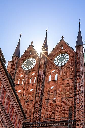 Germany, Mecklenburg-Vorpommern, Stralsund. Rathaus (city hall) detail, UNESCO Site. Art Print